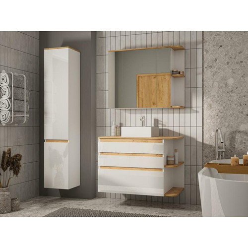 Vente-Unique - Meuble de salle de bain suspendu bois et blanc avec simple vasque, colonne et armoire de toilette - 94 cm - ANIDA Vente-Unique  - Salle de bain, toilettes