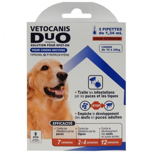 Vetocanis - VETOCANIS Anti-puces et anti-tiques Duo Spot on - 2 pipettes - Efficacite 7 semaines - Pour moyen chien Vetocanis  - Vetocanis