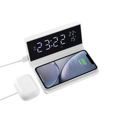Radio, lecteur CD/MP3 enfant Réveil avec chargeur induction à 15W max, double alarme, lumiosité réglable, 1 port USB pour la charge, affichage l'heure, la tempétarure intérieure et la date