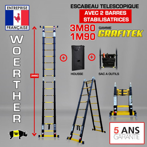 Woerther - Escabeau-échelle télescopique Woerther 3m80/1m90 double barre stabilisatrices - Plus housse et sac à outils - Qualité supérieure - Garantie 5 ans Woerther  - Echelles