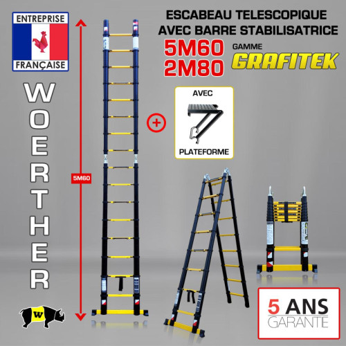 Woerther - Escabeau-échelle télescopique Woerther 5m60/2m80 Double barre stabilisatrices - Plus plateforme - Qualité supérieure - Garantie 5 ans Woerther  - Echelles