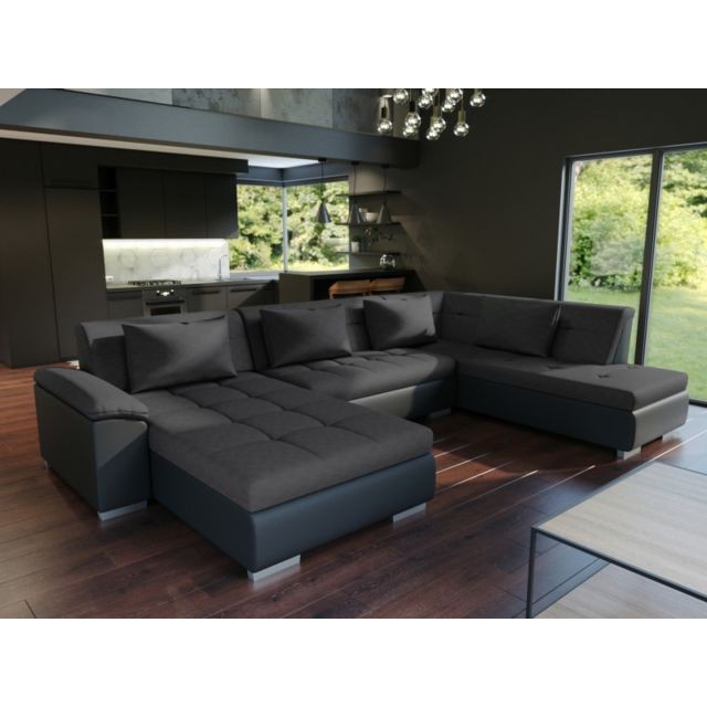 Meublesline - Canapé panoramique convertible LEMON angle droit noir Meublesline  - Maison