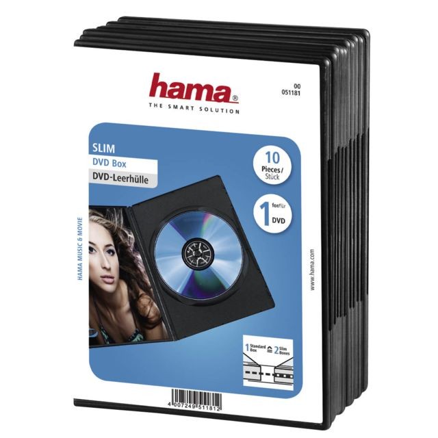 Hama - - Grâce à leur faible épaisseur (environ 7mm), deux boîtiers ""Slim"" pour DVD équivalent à un boîtier standard pour DVD<br />- Gain de place de 50%<br />- Support intérieur pour livret<br />- Film transparent protégeant la couverture<br />- Idéal pour re Hama - Hama