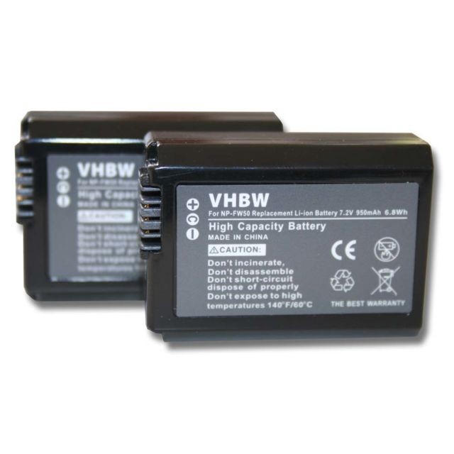 Batterie Photo & Video Vhbw vhbw 2x batterie compatible avec Sony Alpha 7S II, A6000, A6300, A6400, A7R II appareil photo DSLR (950mAh, 7,2V, Li-Ion) avec puce d'information