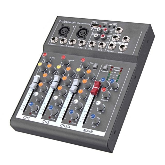 Ampli  Ampli 4 canaux professionnel Karaoke Audio Mixer Amplifier Mini Microphone Console de mixage sonore avec USB 48V Alimentation fantôme