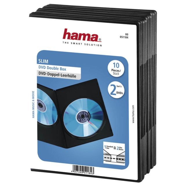 Hama - - Grâce à leur faible épaisseur (environ 7mm), deux boîtiers ""Slim"" doubles pour DVD équivalent à un boîtier standard pour DVD<br />- Gain de place de 75%<br />- Film transparent protégeant la couverture<br />- Idéal pour remplacer le boîtier d'origine  Hama  - Meubles CD, DVD