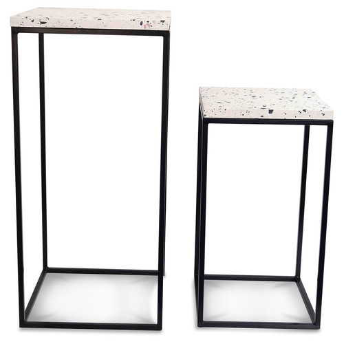 OPJET - Set de 2 Tables Gigognes Rectangulaires en Terrazzo Blanc et Métal Noir ATHOSEN - Tables d'appoint