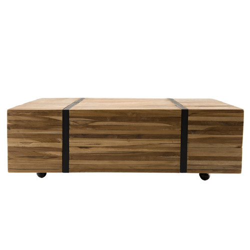 MACABANE - Table basse 110x70cm avec roulettes bois Teck recyclé cerclée métal Juma - Tables d'appoint