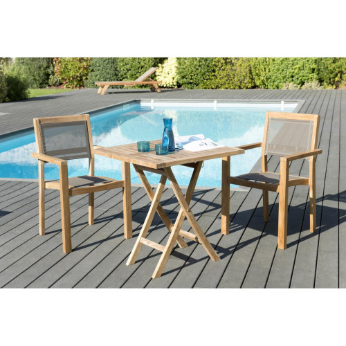 MACABANE - Ensemble Table carrée pliante en Teck 70x70 cm + 2 fauteuils empilables Taupe - Tables de jardin