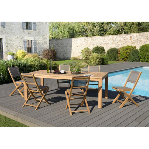 MACABANE - Ensemble Table VIESTE en Teck + 6 chaises pliantes Taupe en textilène MACABANE  - Tables de jardin MACABANE