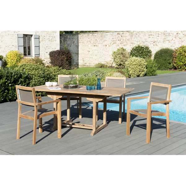 Tables de jardin MACABANE Ensemble Table rectangulaire extensible en Teck + 4 Fauteuils empilables Taupe textilène