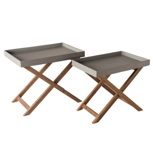 MACABANE - Set de 2 tables basses en Résine effet "Béton" pieds croisés en Acacia - Tables de jardin