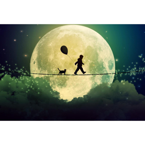 DECLIKTABLEAU - Tableau Enfant L'enfant, le chat et la lune 80x55 - Tableaux, peintures Vert