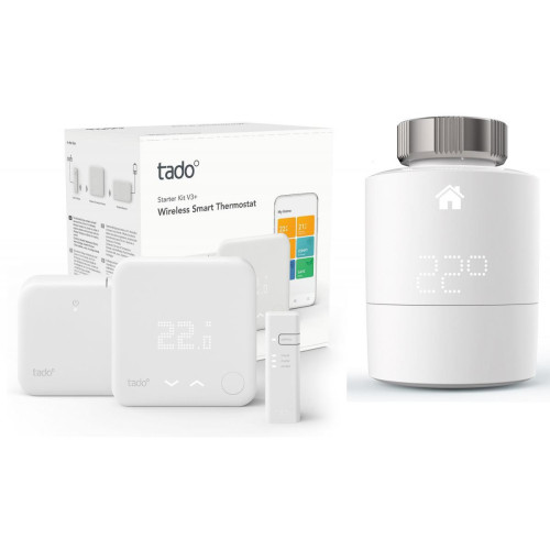 Tado - Kit de démarrage V3+ - Thermostat Intelligent sans fil + 1x Tête thermostatique - Appareils compatibles Google Assistant