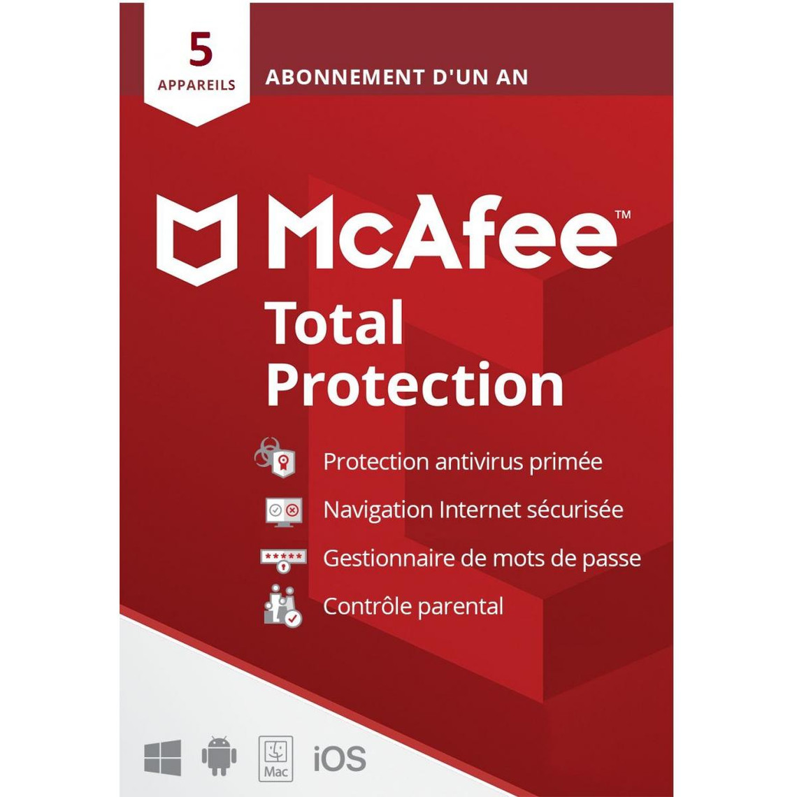 Antivirus McAfee Total Protection 2022 - 1 an - 5 postes - Version dématérialisée