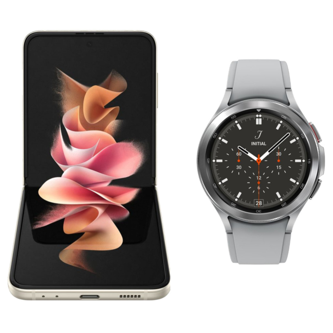 Samsung Galaxy Z Flip 3 - 5G - 128 Go - Crème + Galaxy Watch4 Classic - 42 mm - Bluetooth - Argent