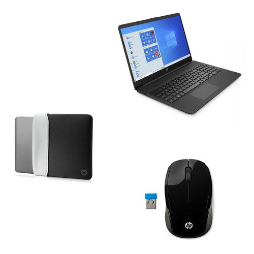 PC Portable Hp Laptop 15s-eq1134nf - Noir + Souris sans fil HP 200 - X6W31AA + Housse de protection réversible pour ordinateur portable HP 15,6 pouces (argenté) 2F2K5AA