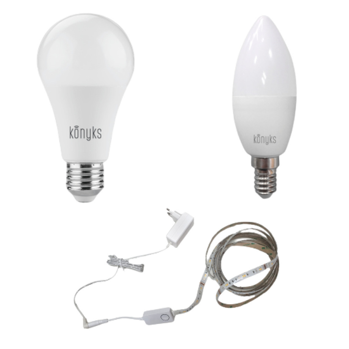 Lampe connectée Konyks Starter Kit Eclairage - Une Antalya Easy - Ampoule LED WiFi , une Antalya E14 MAX Easy - Ampoule connectée et un DALLAS - Ruban LED Connecté