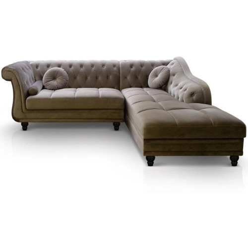 3S. x Home - Canapé d'angle Brittish Velours Taupe style Chesterfield - Canapé D'angle Design