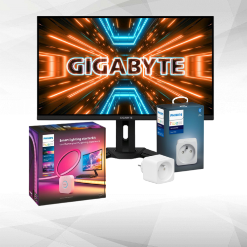 Moniteur PC Gigabyte Pack Gaming immersif - Moniteur Gigabyte 32" (LED M32U) + Pack Lightstrip PC Philips Hue 32/34" (pont de connexion et prise connectée Hue inclus)