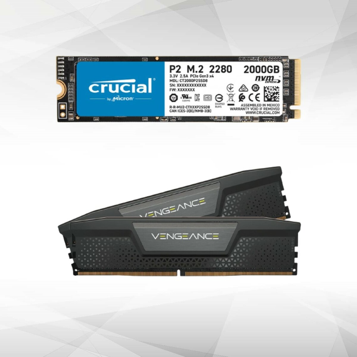 SSD Interne Crucial SSD - P2 2To PCIe M.2 2280SS + VENGEANCE 2x16Go - DDR5 5200 Mhz  - CAS 40 - Noir
