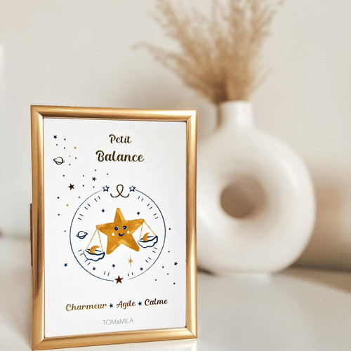 Tom & Mila - Carte Astro Petit avec enveloppe et blister et cadre doré Balance - Décoration enfant