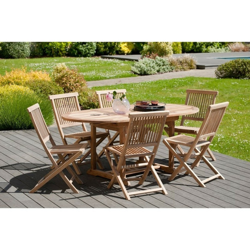 MACABANE - Ensemble table ovale extensible + 6 chaises pliantes en teck massif Java MACABANE  - Table jardin ovale