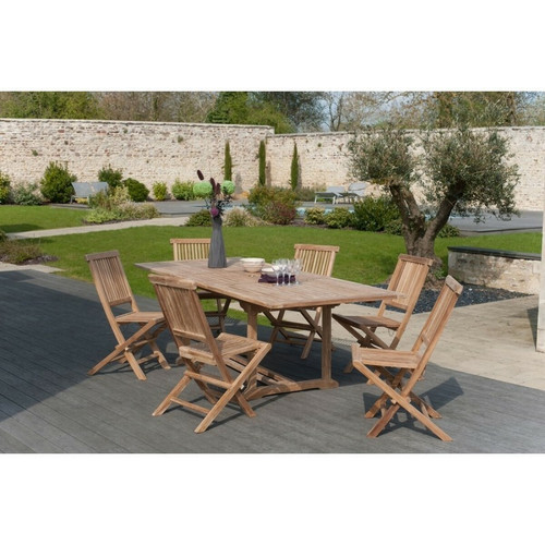 MACABANE - Ensemble table rectangulaire + 6 chaises pliantes en teck massif Java - Teck MACABANE  - Table jardin pliante Tables de jardin