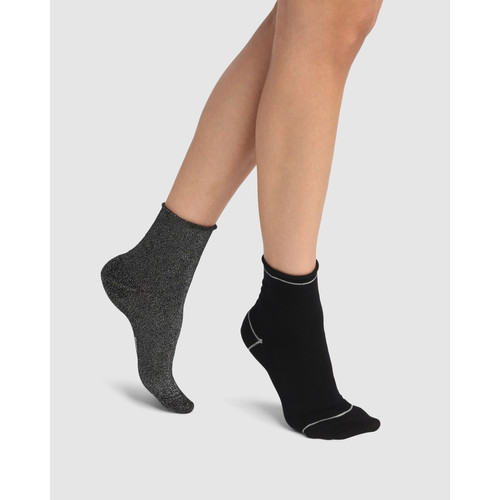 Dim Chaussant - Lot de 2 paires de socquettes lurex COTON-STYLE noir/gris - DIM Chaussant - Chaussettes femme
