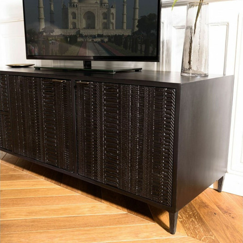 Meubles TV, Hi-Fi MACABANE Meuble TV en bois de manguier avec 2 portes et 2 tiroirs sculptés GLORIA noir