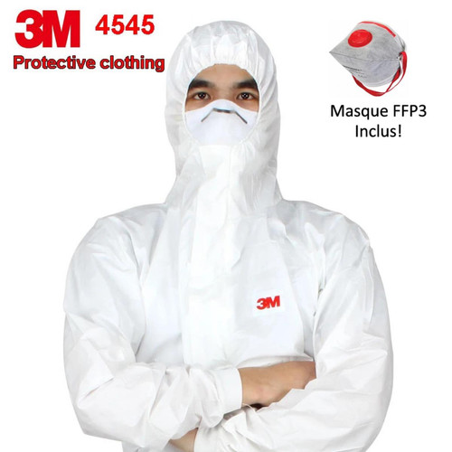 3M - PACK Vêtements de protection à capuche Combinaison 3M 4545, Taille 2XL + Masque FFP3 - Contre particules sèches, éclaboussures chimiques, Anti-poussière, particules nocives, liquides peu dangereux 3M   - 3M