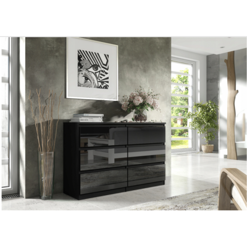 3xeliving - 3xeLiving Commode DEMII avec 6 tiroirs en noir/noir brillant, 120 cm - Chambre et literie Maison