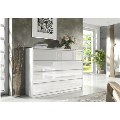 3xeliving - 3xeLiving Commode DEMII avec 8 tiroirs en blanc/blanc brillant, 140 cm - Chambre Blanc, bois clair