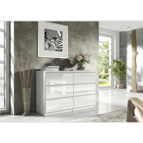 3xeliving - 3xeLiving Commode Sieboard DEMII avec 6 tiroirs en blanc/blanc brillant, 140 cm 3xeliving  - Commode blanche Commode