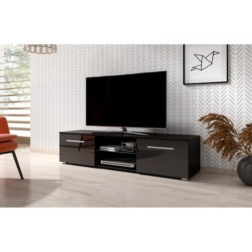 3xeliving - Meuble TV moderniste Punes noir / noir brillant 100 cm 3xeliving  - Console hauteur 100 cm