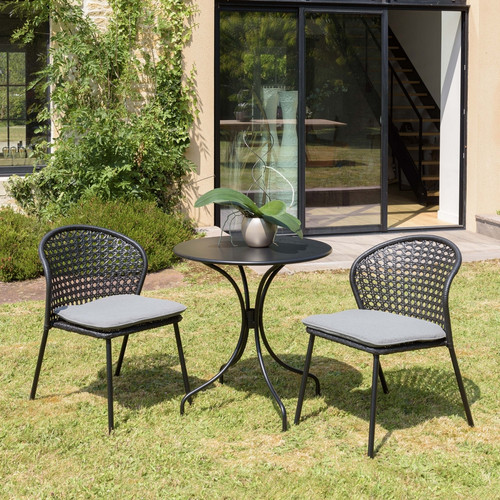 MACABANE - Salon de jardin 2 personnes Table ronde 70x70cm et 2 chaises grises et noires en rotin synthétique MACABANE  - Ensemble table ronde et chaise