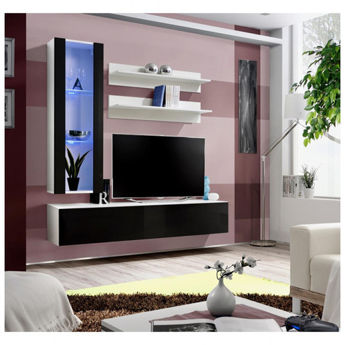 Ac-Deco - Ensemble meuble TV mural  - Fly I - 160 cm x 170 cm x 40 cm - Blanc et noir - Meuble TV Blanc Meubles TV, Hi-Fi