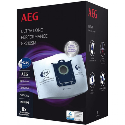 AEG - Pack gr210sm s-bag® ultra long performance aeg - contient  8 sacs à poussière synthétiques xxl, 1 filtre moteur, 1 micro-filtre. AEG  - Marchand Zoomici