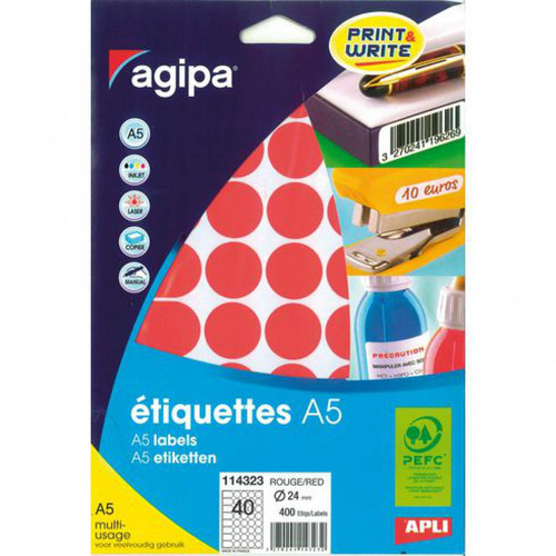 Agipa - Pastille adhésive 24 mm Agipa 11432 rouge - pochette de 400 Agipa  - Papier Photo Etiquettes