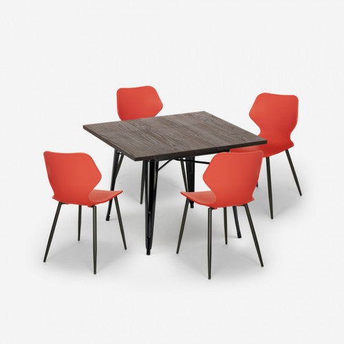 Ahd Amazing Home Design Ensemble 4 Chaises Polypropylène Table Carrée 80x80cm Tolix Métal Howe Dark, Couleur: Rouge