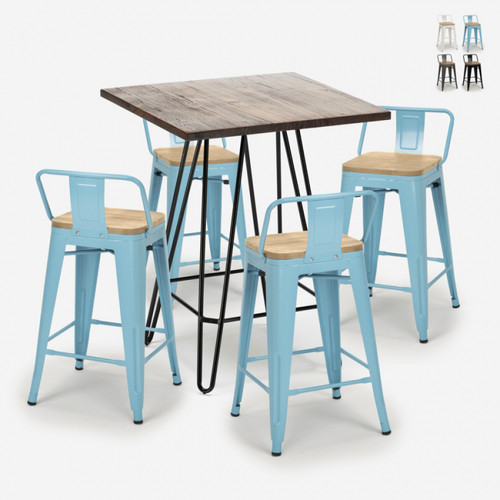 Tables à manger Ahd Amazing Home Design Ensemble 4 Tabourets Tolix Table 60x60cm Industriel Mason Noix Steel Top Light, Couleur: Turquoise