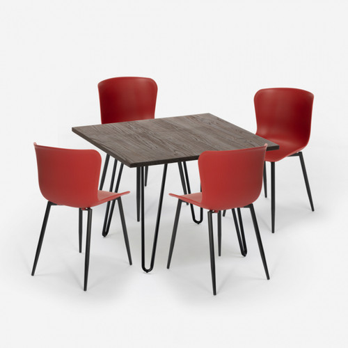 Ahd Amazing Home Design Ensemble Table 80x80cm Carrée 4 Chaises Style Industriel Métal Claw Dark, Couleur: Rouge
