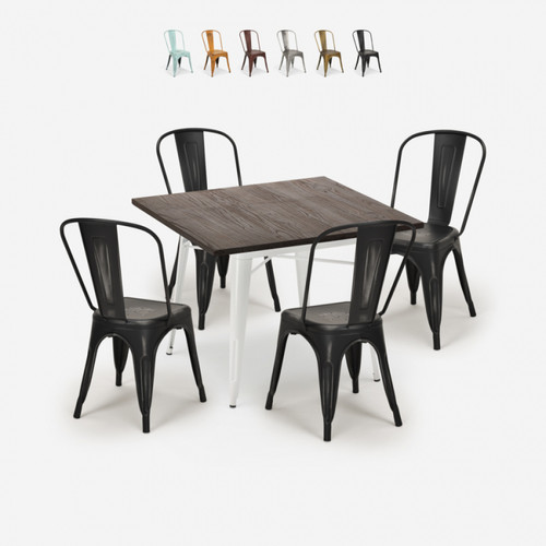 Tables à manger Ahd Amazing Home Design Ensemble Table 80x80cm 4 Chaises Design Tolix Cuisine Industriel Burton White, Couleur: Noir