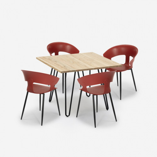 Ahd Amazing Home Design Ensemble Table 80x80cm Industriel 4 Chaises Design Moderne Cuisine Industriel Maeve Light, Couleur: Rouge