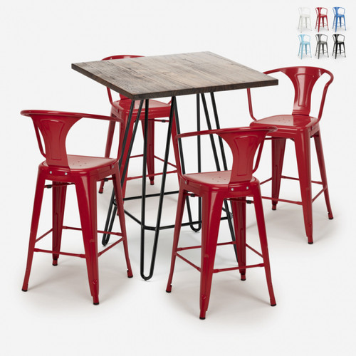 Ahd Amazing Home Design - Ensemble Table Bois 60x60cm 4 Tabourets Tolix Industriel Cuisine Bar Mason Noix, Couleur: Rouge Ahd Amazing Home Design  - Tables à manger