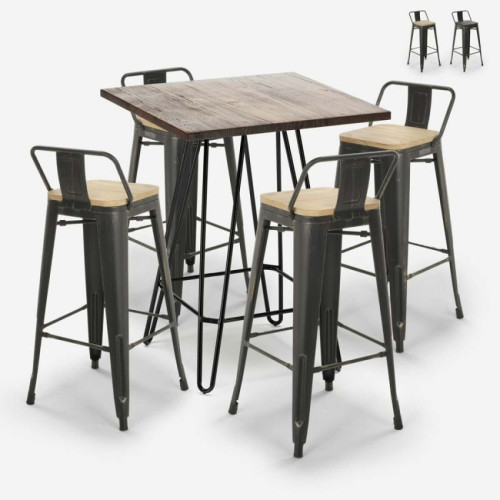 Ahd Amazing Home Design - Ensemble Table Haute 60x60cm 4 Tabourets Tolix Vintage Bar Industriel Rhodes Noix, Couleur: bois neutre Ahd Amazing Home Design  - Hauteur table bar