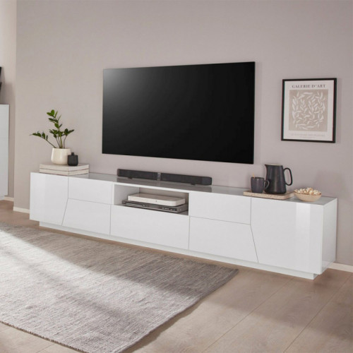 Ahd Amazing Home Design - Meuble TV mural de salon moderne 220x43cm blanc brillant Fergus - Meubles TV, Hi-Fi