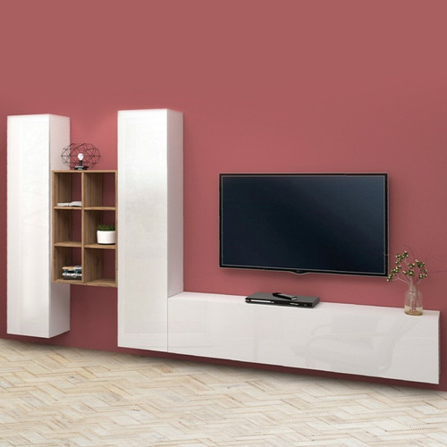 Ahd Amazing Home Design - Meuble TV suspendu bibliothèque en bois blanc 2 penderies Manny WH Ahd Amazing Home Design  - Penderie suspendue