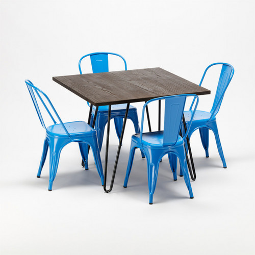 Ahd Amazing Home Design Ensemble table et chaises métal et bois au style industriel Tolix Pigalle, Couleur: Bleu