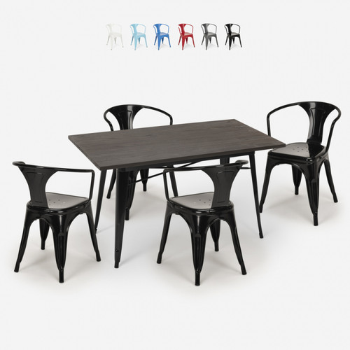 Ahd Amazing Home Design - Ensemble Table 120x60cm Design Industriel 4 Chaises Style Tolix Cuisine Bar Caster, Couleur: Noir Ahd Amazing Home Design  - Table style industriel